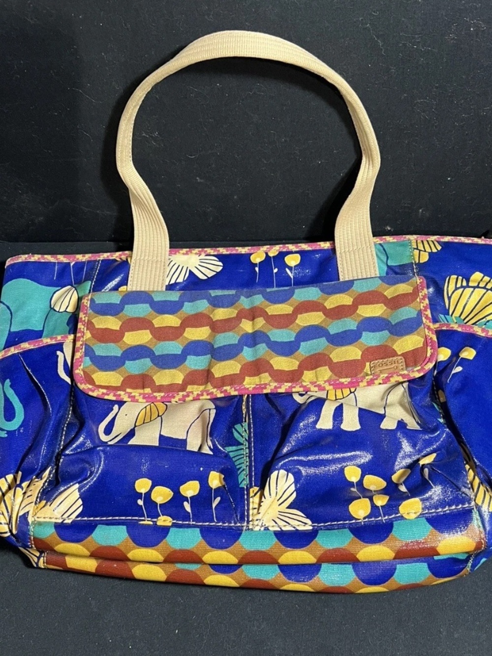 Fossil Blue Multicolor Patterned Shoulder Tote with Cream Handles